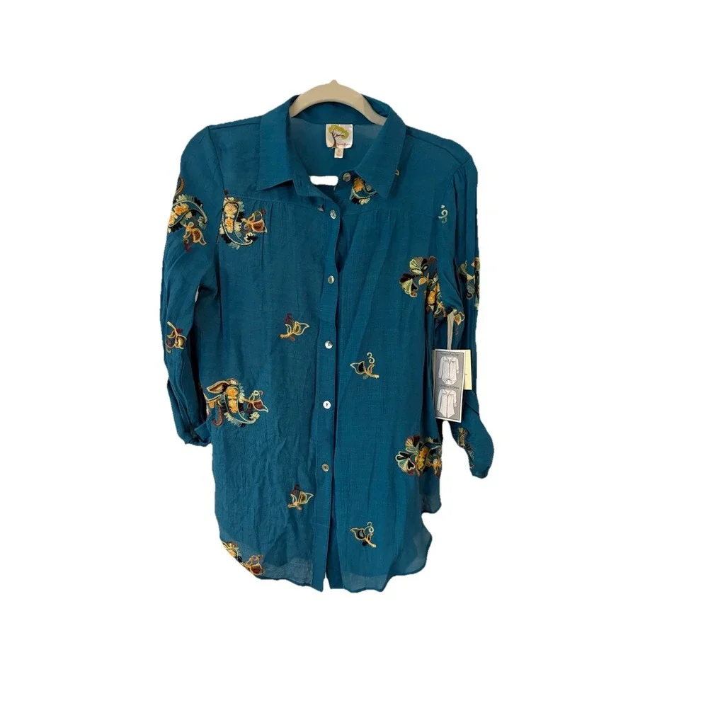 Fig & Flower Embroidered Floral Paisley Roll-Tab Tunic Blouse Turquoise Teal S - Picture 1 of 9